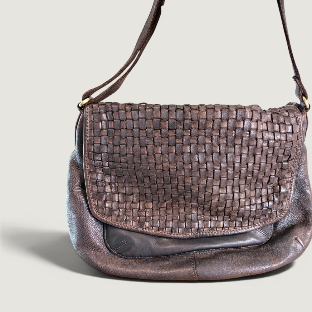 Marta Ponti Brown Woven Leather Crossbody Bag Flap Multi Pocket Boho